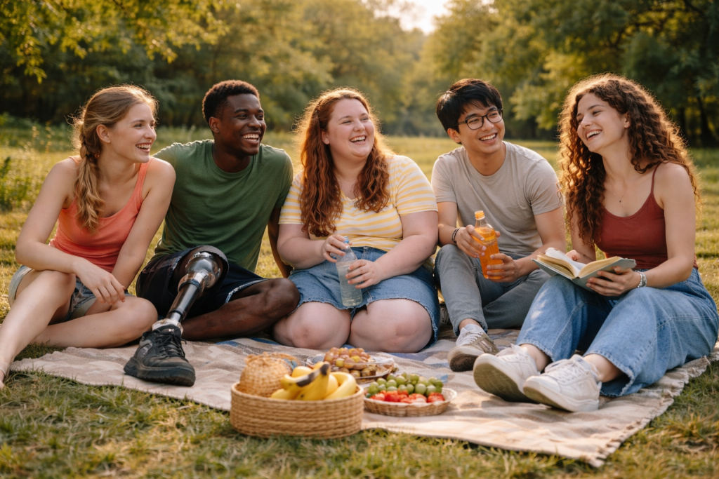 Group of young people enjoying an outdoor community activity and building confidence through teamwork and social interaction.