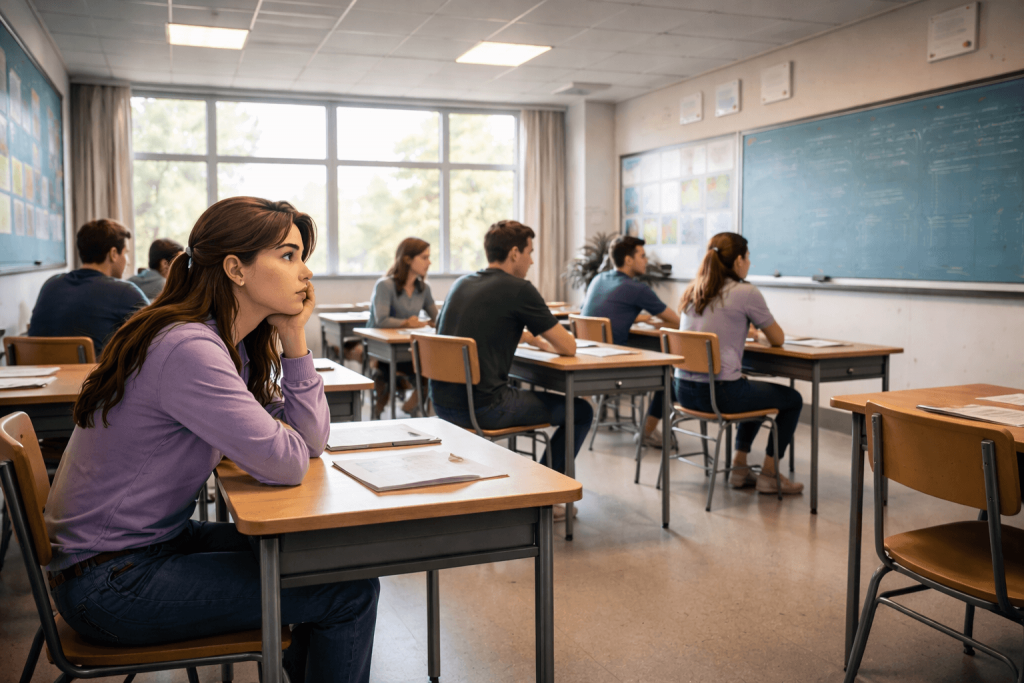 Teenage girl looking bored and thoughtful in a high school classroom, resting her head on her hand while other students work at their desks