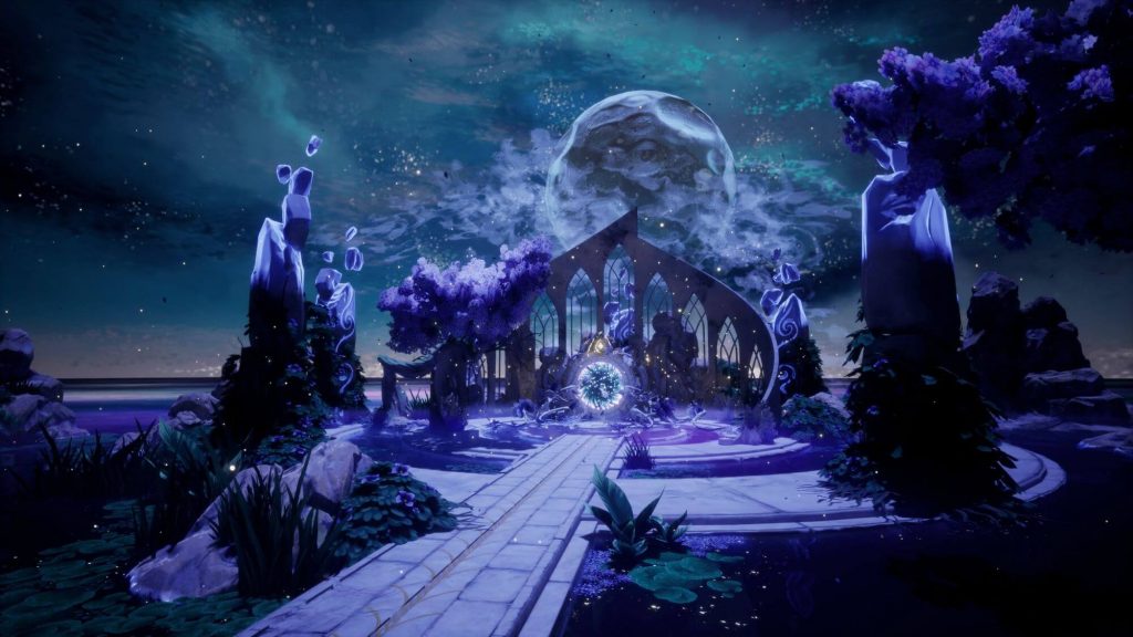 Dreamlike digital landscape with a glowing portal inside an architectural structure, surrounded by water, trees, and a night sky, representing exploration and imagination