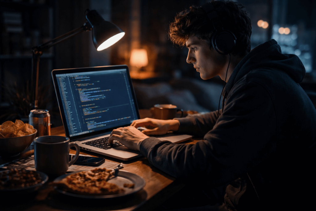 A young man working on a laptop late at night, focused on programming, with snacks and coffee on the desk.