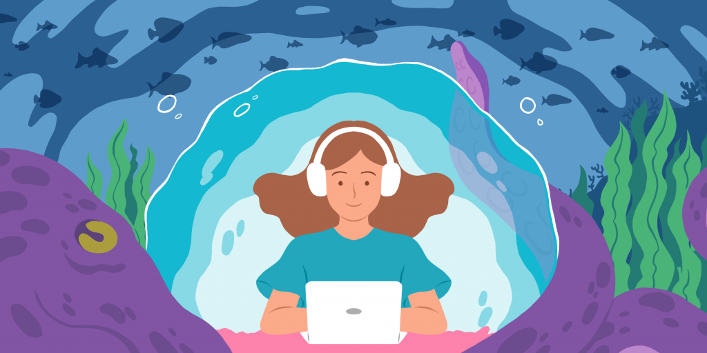 Illustration of a young person using a laptop with headphones in a calm underwater setting, representing focused attention and immersive learning