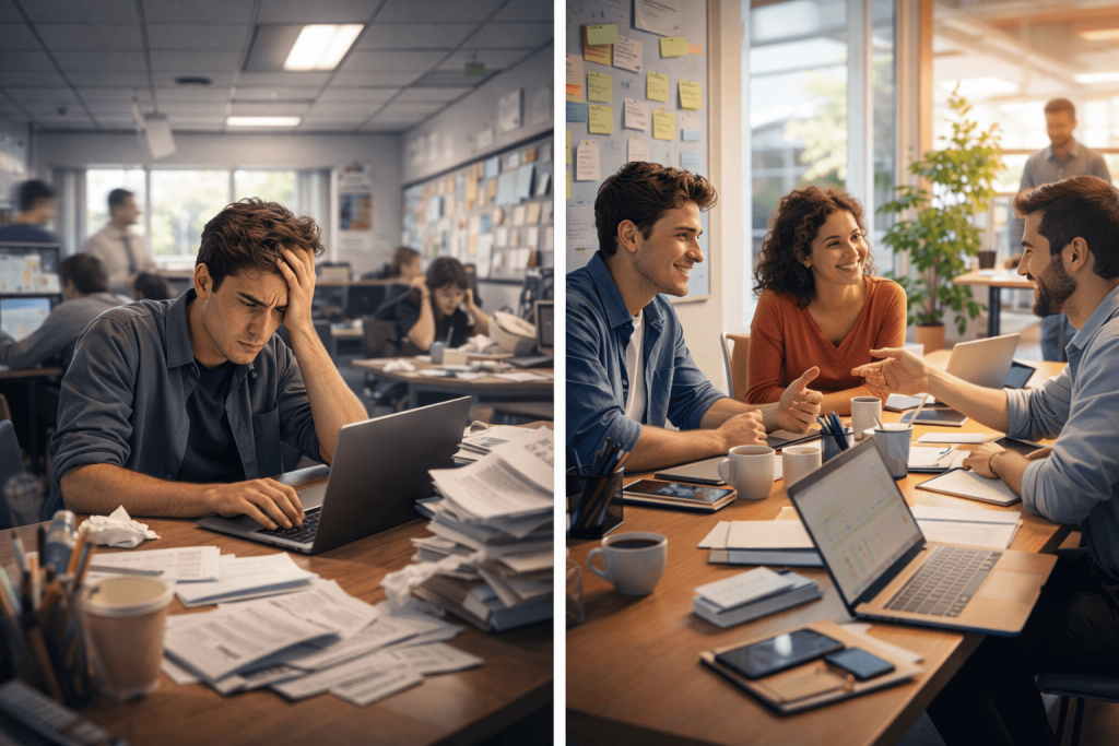 Split image: stressed young man at desk overwhelmed with work in busy office on left, happy team of professionals collaborating and smiling around table with sticky notes on right