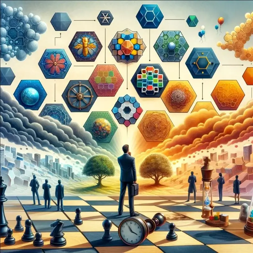 Illustration showing a person standing on a chessboard facing branching environments, with interconnected hexagonal patterns above, symbolising decision-making, systems thinking, and complexity