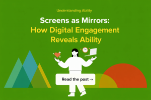 Illustration showing a person balancing digital tools and everyday elements, representing how digital engagement can reflect different abilities