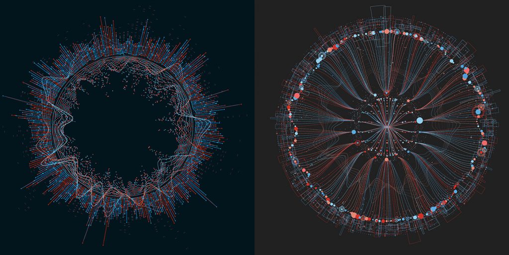 Abstract circular data visualisations showing interconnected points and lines, representing patterns, structure, and system relationships
