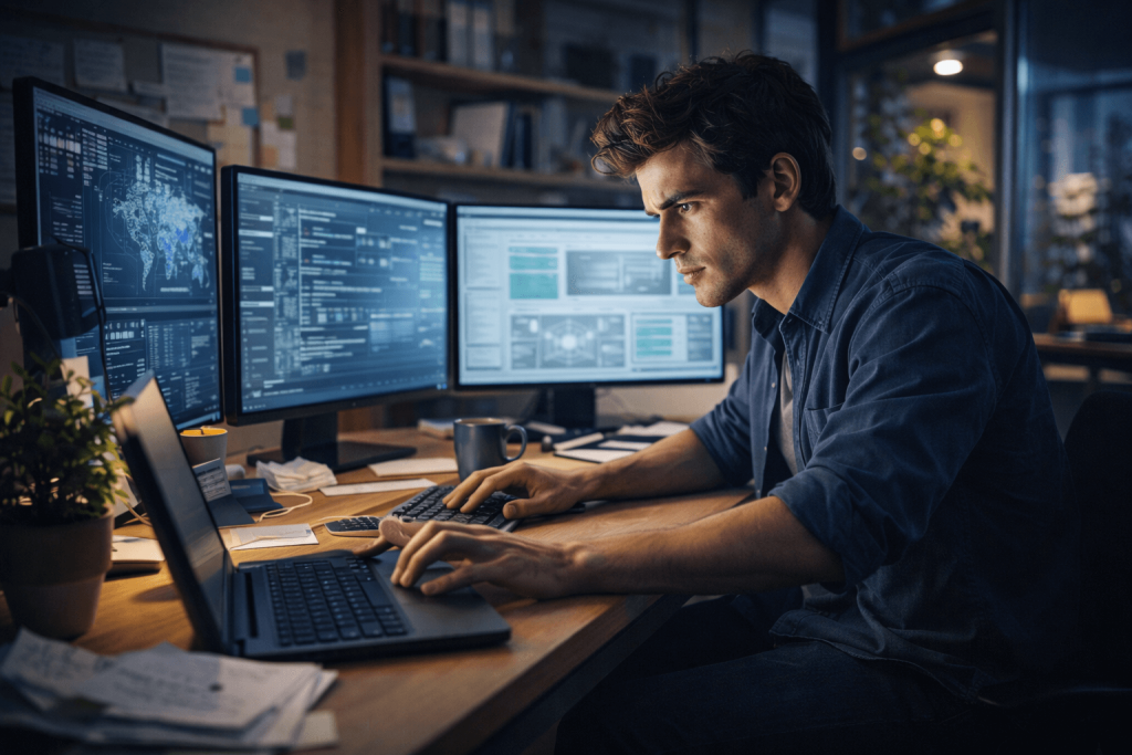 Young focused man in blue shirt working late at night on multiple large computer monitors displaying code and data visualizations, intense concentration in dark modern office workspace