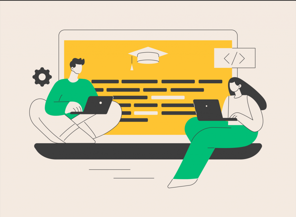 Illustration of two people using laptops in front of a large screen displaying code and learning symbols, representing digital learning and skill development