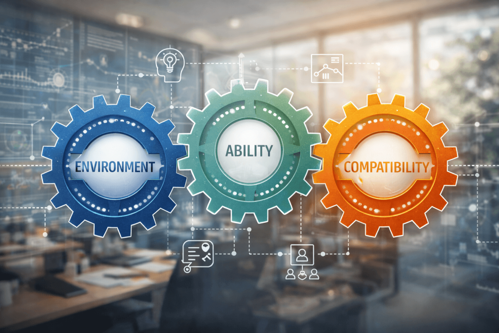 Three interlocking gears labeled Environment in blue, Ability in green, and Compatibility in orange, connected with digital lines and icons on a high-tech futuristic background representing interconnected concepts