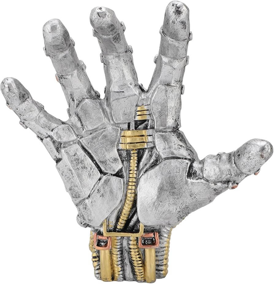 Sculptural metallic hand with visible mechanical components, symbolising precision, craftsmanship, and practical intelligence