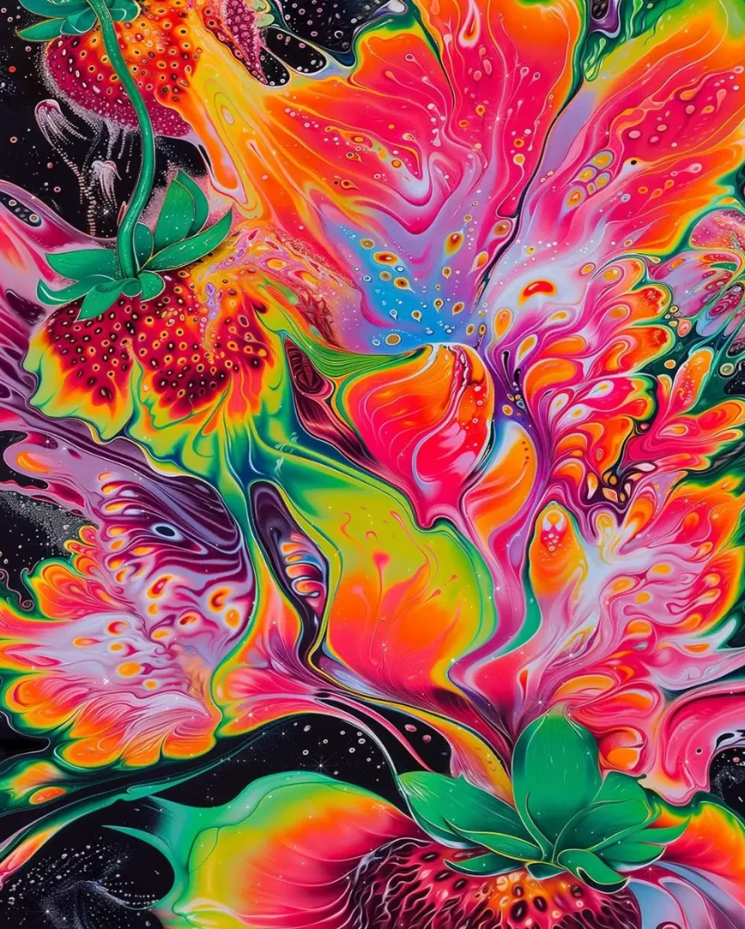 Abstract, colourful flowing patterns resembling organic forms and fruit shapes, with vibrant reds, greens, and pinks