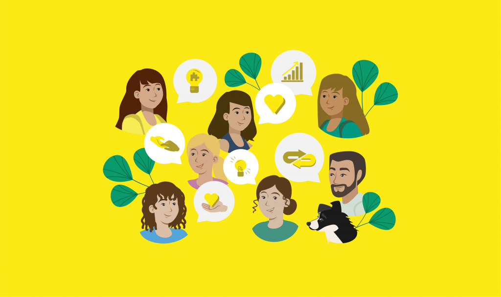 Illustration of a diverse group of people connected by symbols representing ideas, care, growth, and shared strengths