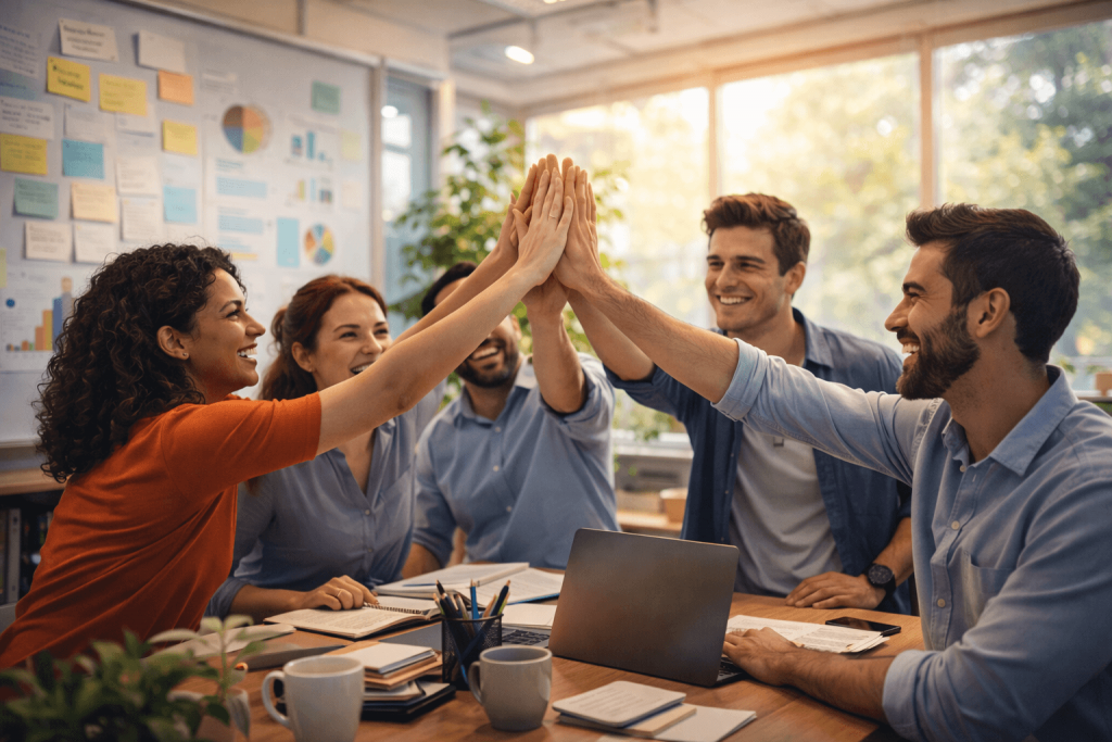 Diverse team of happy professionals giving a group high-five around a conference table in a modern office, celebrating success with laptops, notes, charts, and coffee cups visible