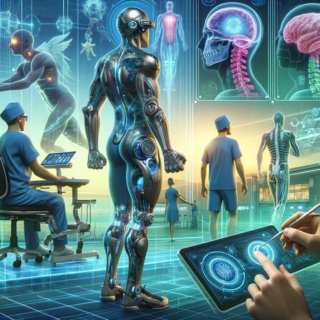 Futuristic illustration showing a humanoid robot and medical professionals interacting with digital displays of the human body, brain, and anatomy