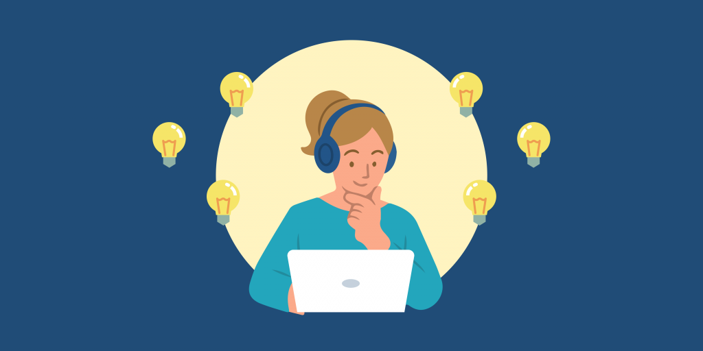 Illustration of a person wearing headphones and working on a laptop, surrounded by light bulbs representing ideas and thoughtful problem-solving