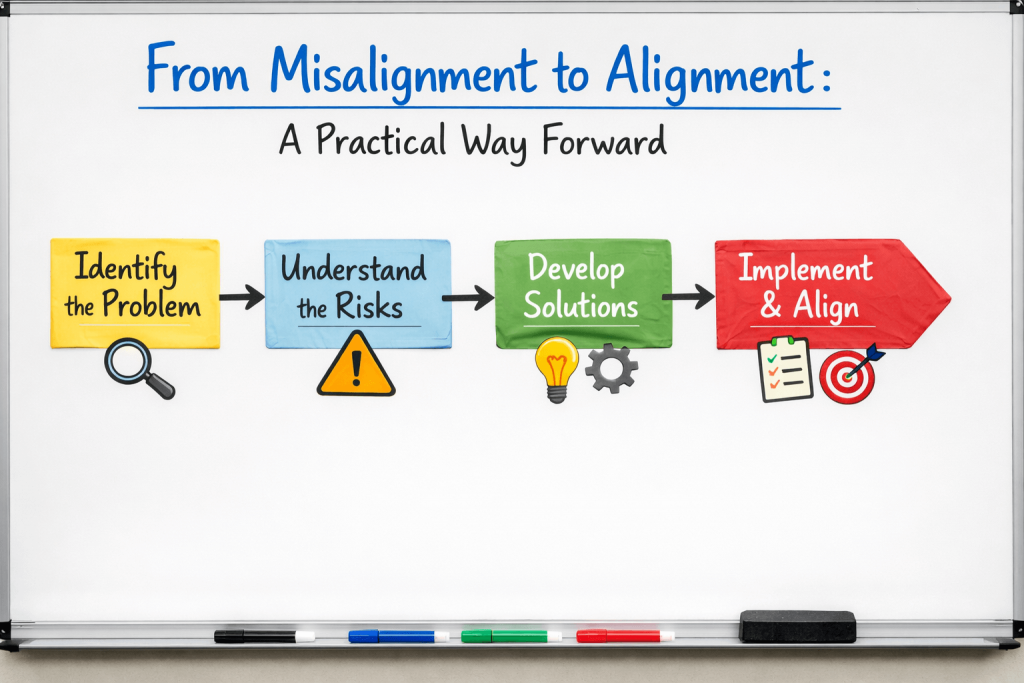 Whiteboard diagram titled "From Misalignment to Alignment: A Practical Way Forward" showing a four-step process with colored panels and icons: Identify the Problem (yellow with magnifying glass), Understand the Risks (blue with warning sign), Develop Solutions (green with lightbulb and gear), Implement & Align (red arrow with checklist and target)