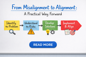 Whiteboard diagram titled "From Misalignment to Alignment: A Practical Way Forward" showing a four-step process with colored panels and icons: Identify the Problem (yellow with magnifying glass), Understand the Risks (blue with warning sign), Develop Solutions (green with lightbulb and gear), Implement & Align (red arrow with checklist and target)