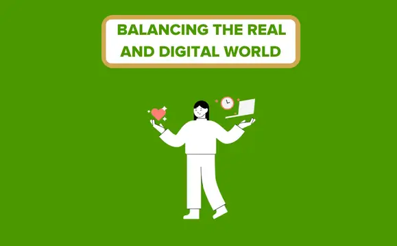 Illustration showing a person balancing symbols of everyday life and digital technology, representing balance between the real and digital worlds