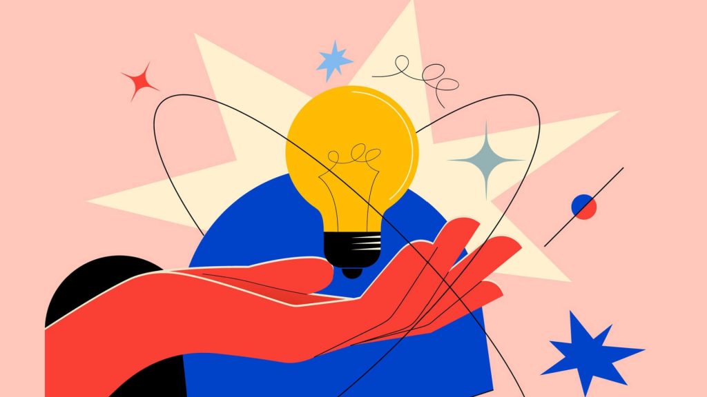 Illustration of an open hand holding a glowing light bulb, representing ideas, creativity, and thoughtful support