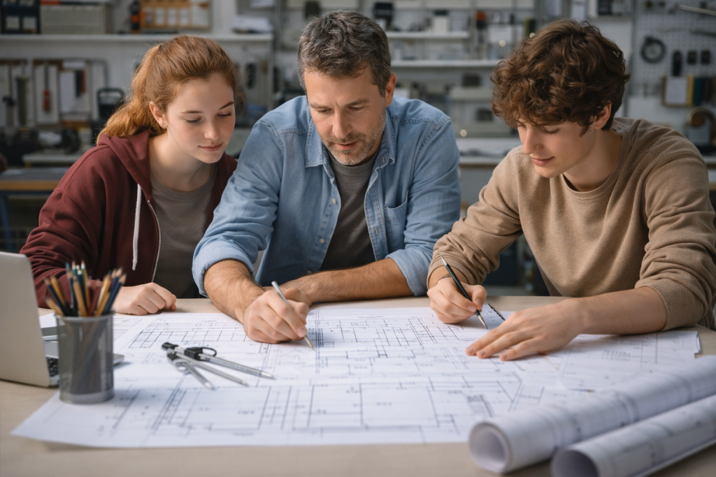 Young person working on technical drawings with adult guidance