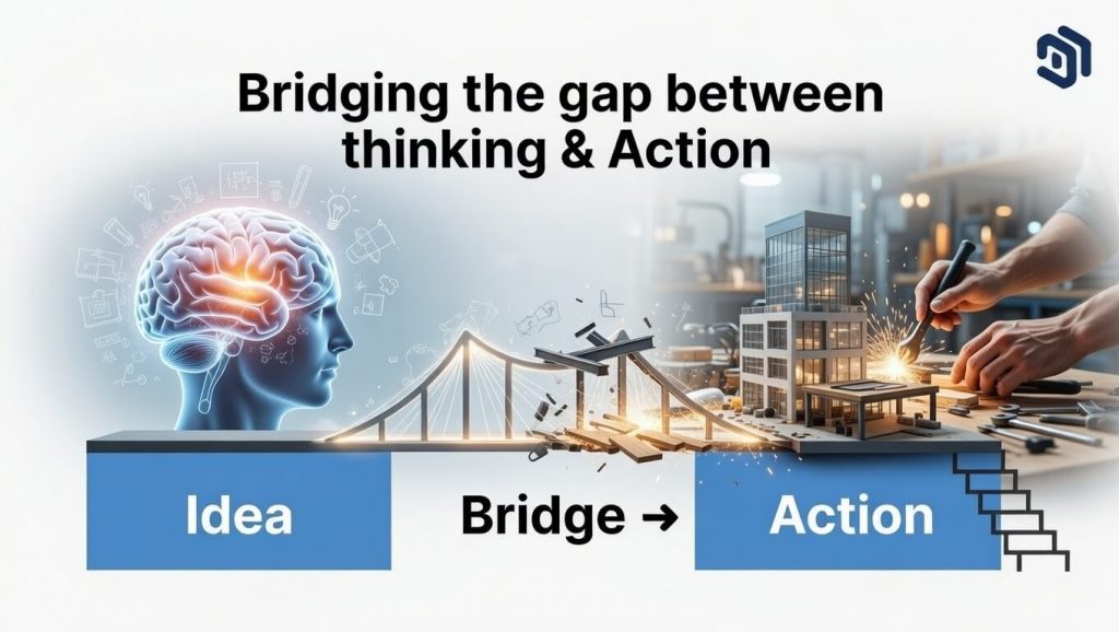 Blog header illustration showing ideas in the mind transforming into real action, with sketches turning into hands building a physical object.