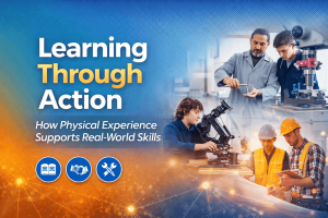 Learning through action illustrated by hands-on activities, including technical training, guided instruction, and real-world skill application.