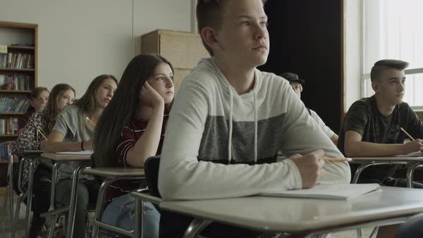 Student sitting quietly in a classroom while other students listen during a school lesson, representing traditional education environments.