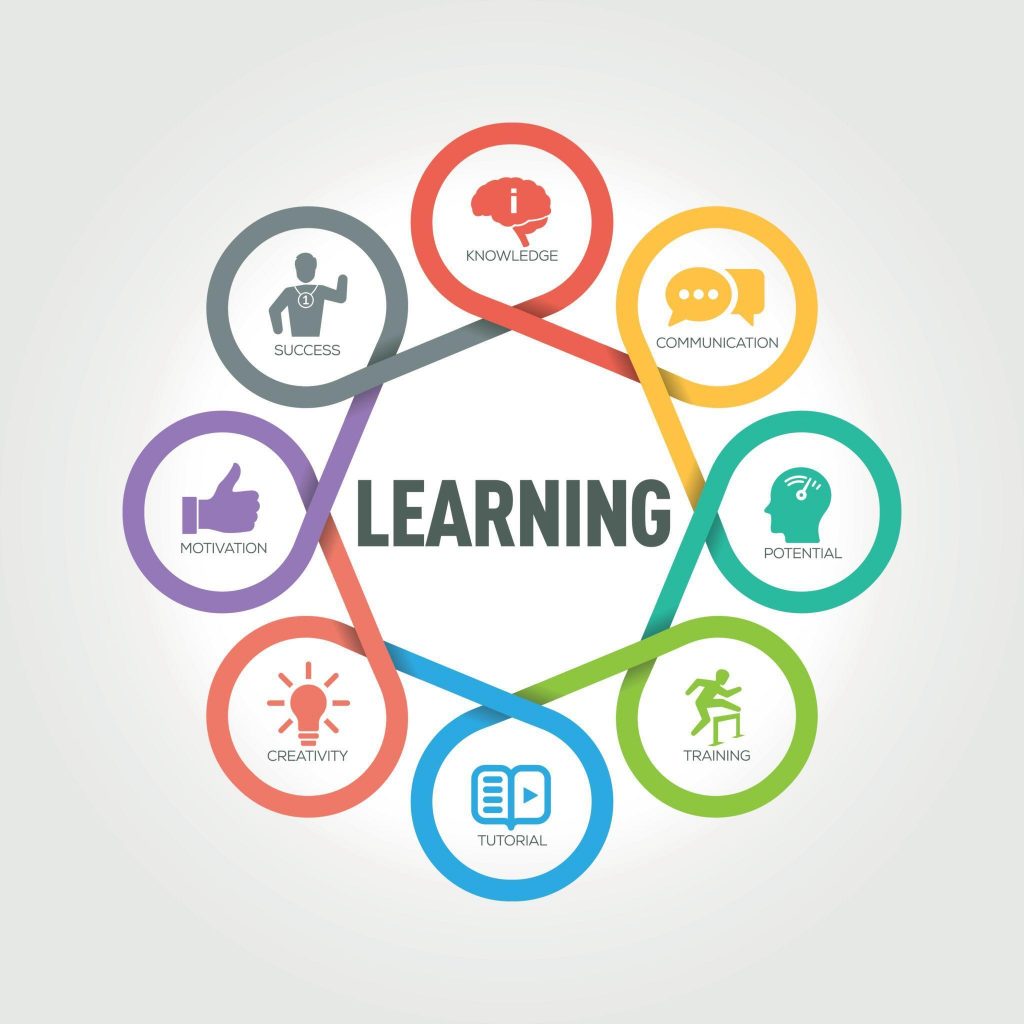 Infographic showing learning process with elements like knowledge, communication, creativity, training, and motivation connected around the concept of learning.