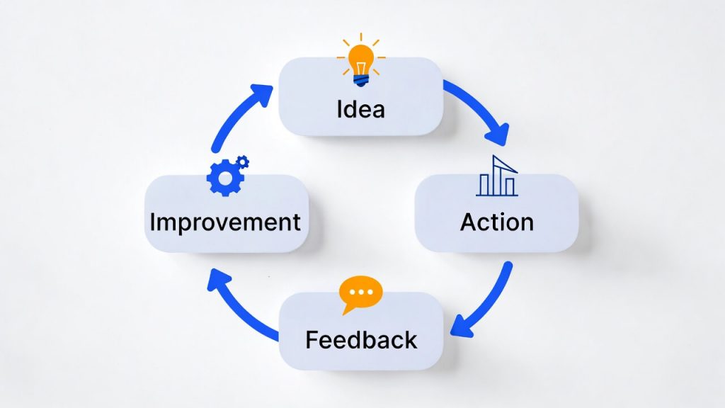 Learning cycle infographic showing idea, action, feedback, and improvement forming a continuous loop for skill development.