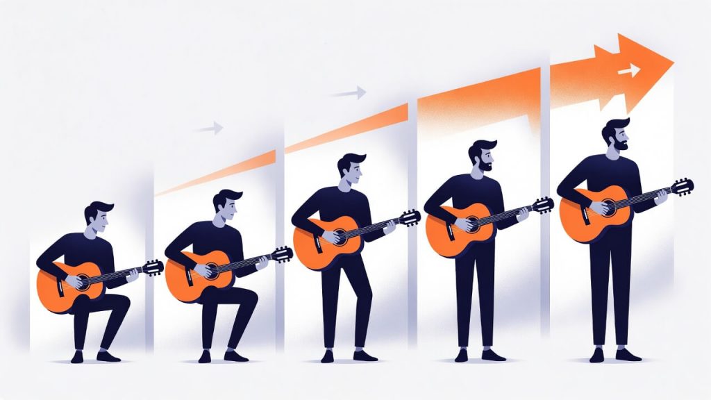 Skill development through practice illustration showing a person learning guitar progressing from beginner to confident player over time.