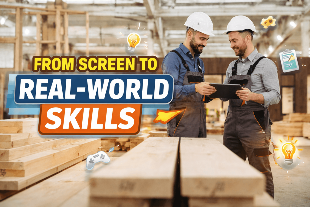 Two professionals in a workshop using a tablet with overlay text “From Screen to Real-World Skills,” representing digital learning applied to real-world work.