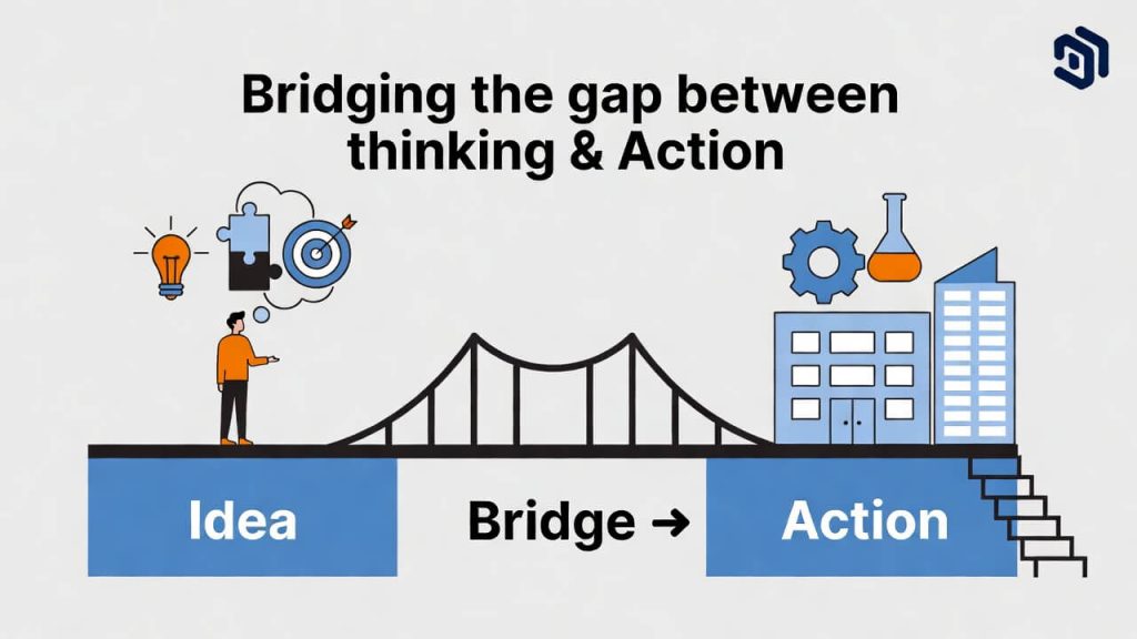 Illustration showing a bridge between thinking and action, where a person moves from ideas toward real building and experimentation.