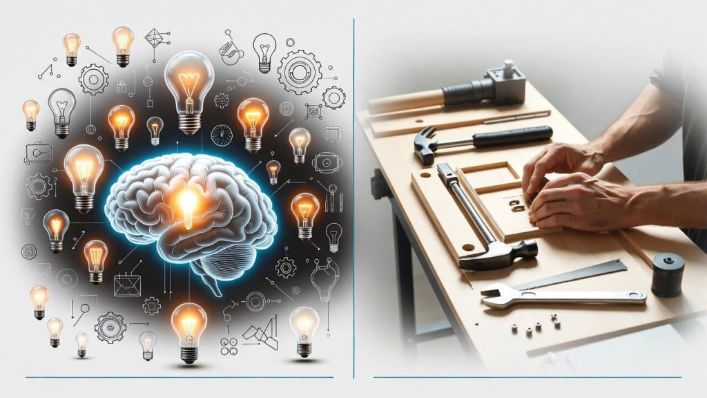 Thinking vs doing concept illustration showing ideas in the mind transforming into real-world action on a workbench.