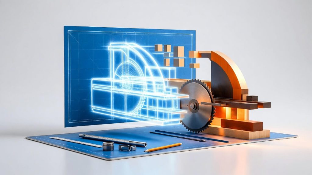 Illustration showing ideas transforming into reality, with a glowing blueprint turning into a real object being built.