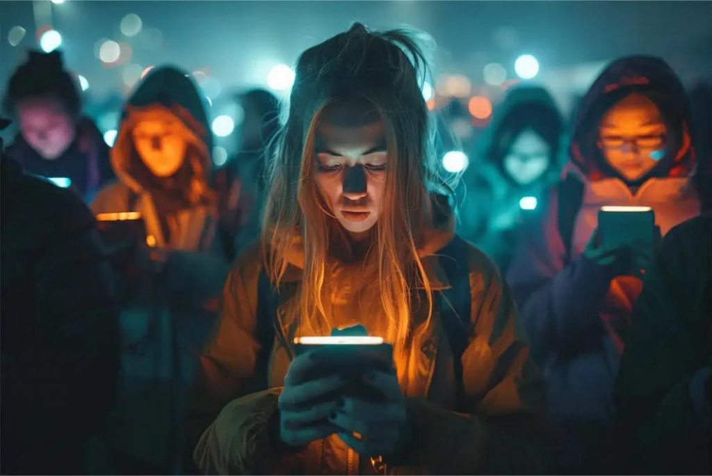 Young people standing outdoors at night, illuminated by the glow of their smartphones, representing digital immersion and screen-focused attention.