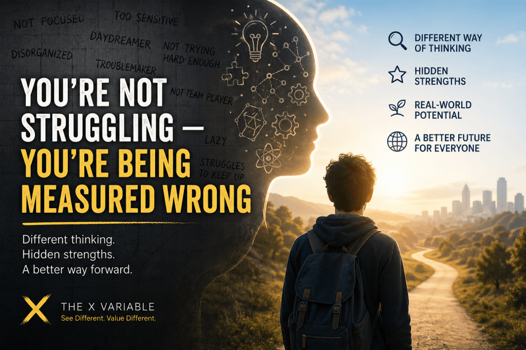 Person standing on a path looking toward a bright city, symbolising different ways of thinking and recognising hidden strengths beyond traditional systems.