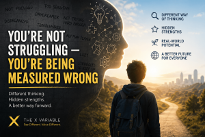 Person standing on a path looking toward a bright city, symbolising different ways of thinking and recognising hidden strengths beyond traditional systems.