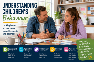 Parent and teenager having a positive conversation while understanding children's behaviour in a supportive environment