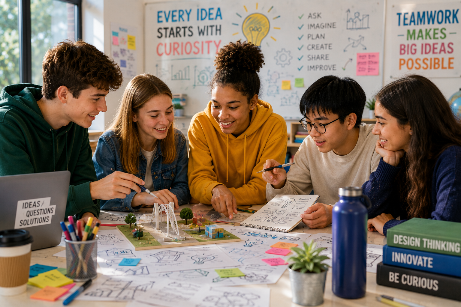 Teenagers demonstrating creative thinking in children by solving problems together during a collaborative classroom project.