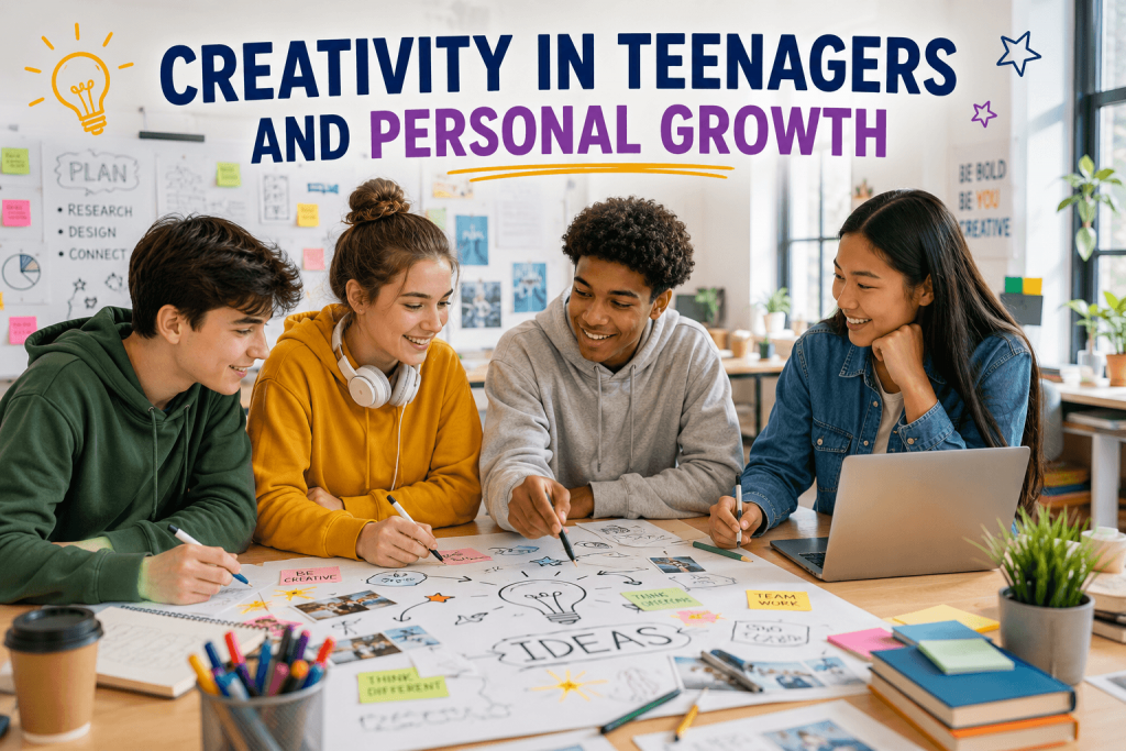 Creativity in teenagers shown through young people collaborating on a creative project and sharing ideas