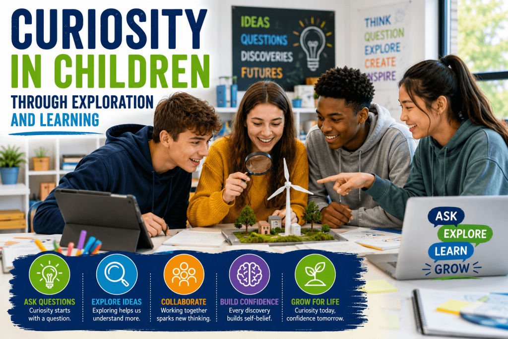 Teenagers demonstrating curiosity in children by exploring ideas together during a collaborative classroom activity.