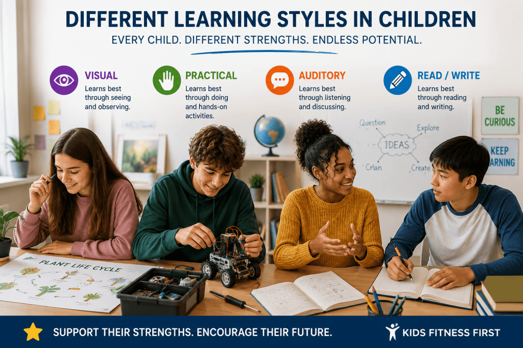 Teenagers demonstrating different learning styles in children through creative, practical and collaborative learning activities