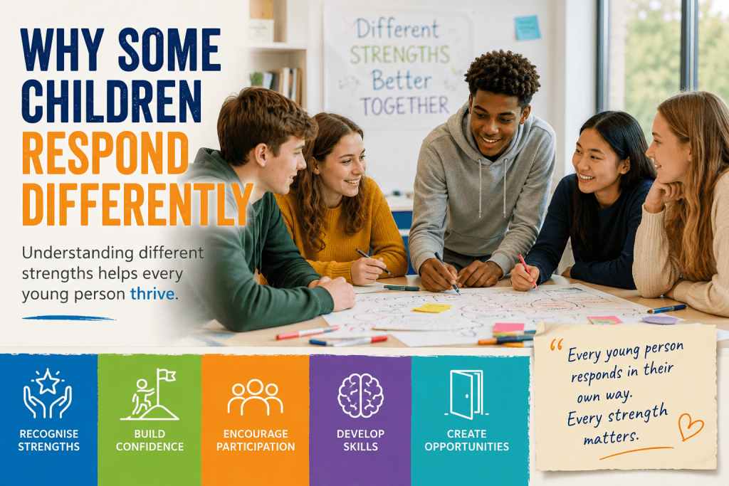 Teenagers demonstrating why some children respond differently through teamwork, creativity and collaborative learning