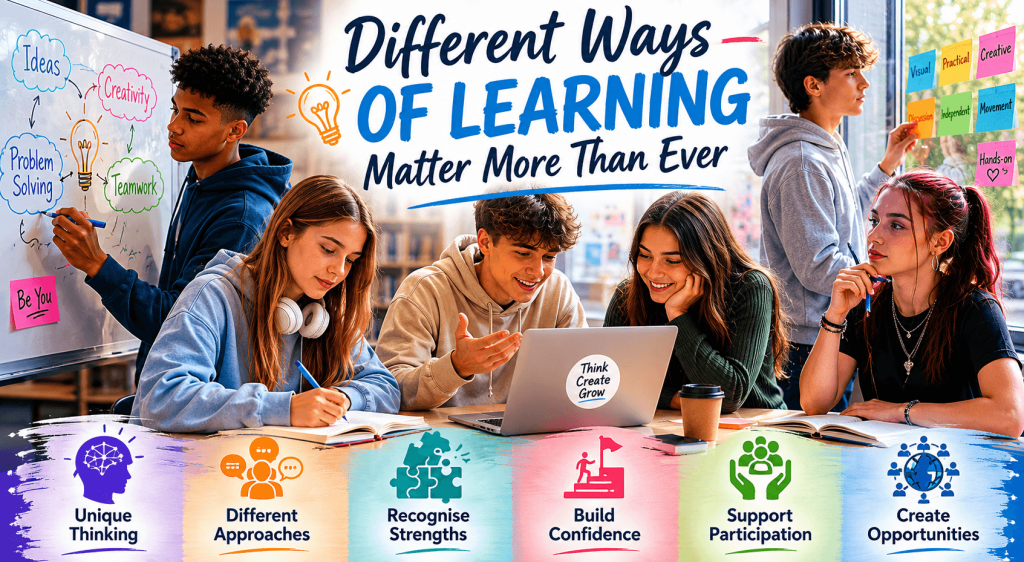Teenagers aged 14–18 collaborating in a modern classroom, exploring different ways of learning through creativity, discussion, movement, problem-solving, and teamwork.