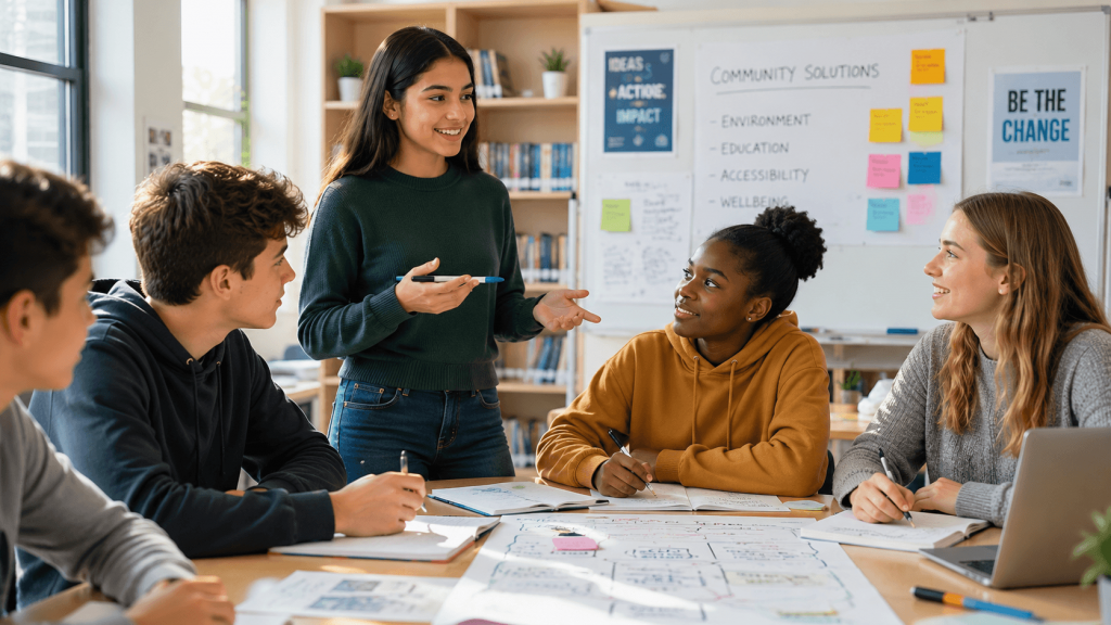 Independent thinking in young people shown through teenagers discussing ideas and solving problems together