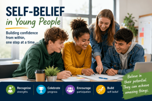 Four smiling teenagers work together at a table with notebooks and pens; a young mentor leans in to point at their work. Poster titled 'Self-Belief in Young People.