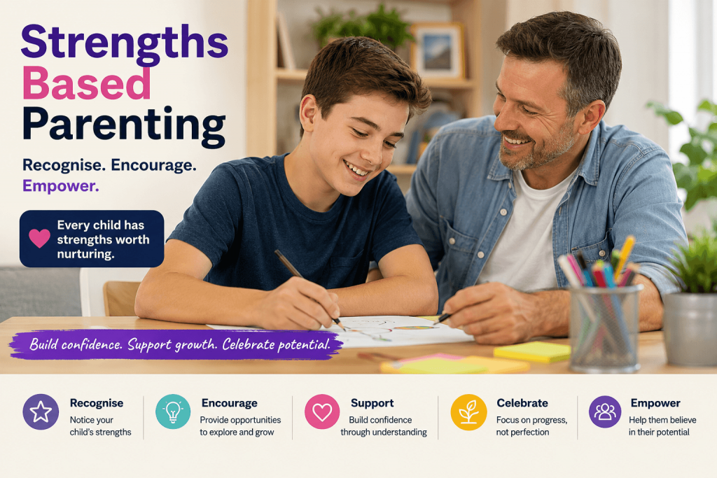 Strengths based parenting shown through positive parent and child interaction focused on confidence and development