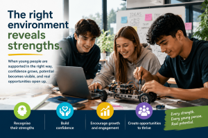 Young adults aged 16–18 discussing health, fitness, confidence and personal development in a positive learning environment.