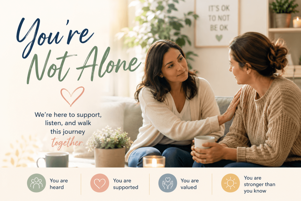 Parent receiving emotional support and encouragement during a conversation, highlighting connection, understanding and community support for families.