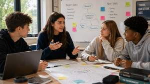 Group of older teenagers collaborating on a project in a bright classroom, discussing ideas and planning activities together.