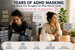 Adult writing in a journal after receiving an ADHD diagnosis and reflecting on their life with hope.
